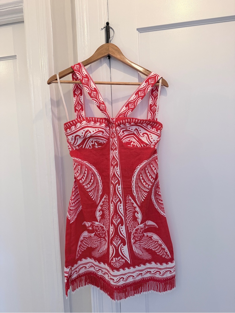 Farm Rio Majestic Coconut Red and White Mini Dress with Beaded Fringe